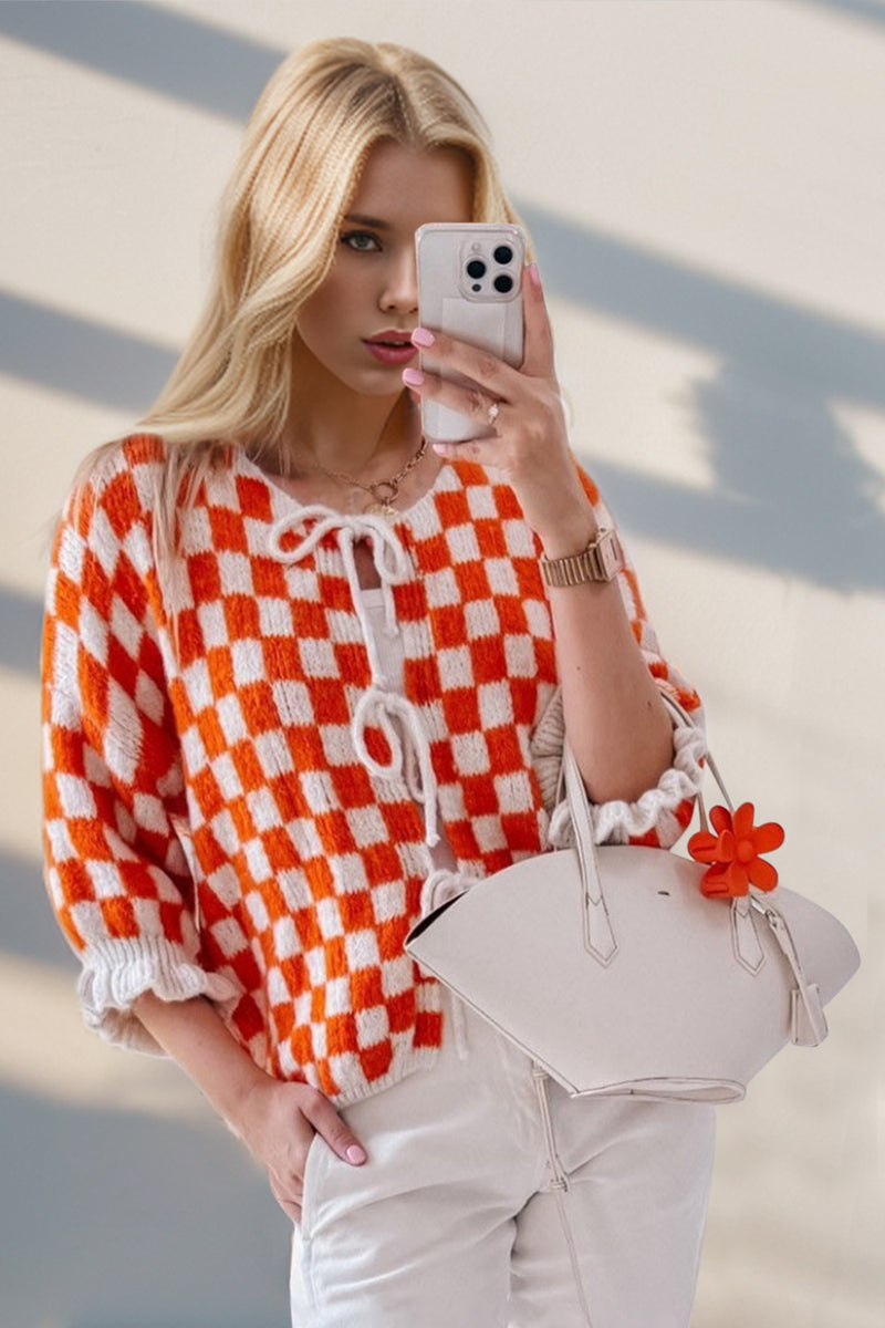 Double Take Tied Checkered Dropped Shoulder Flounce Sleeve Cardigan Orange-Red