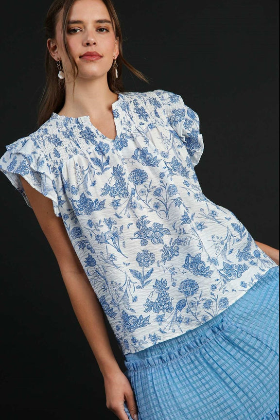 Umgee Full Size Two Tone Boxy Cut Floral Print Plus Size Sky Blue