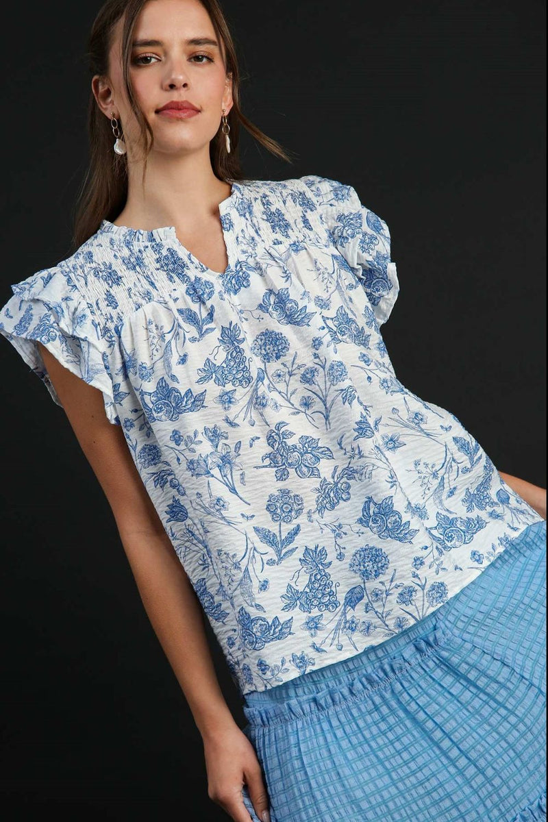 Umgee Full Size Two Tone Boxy Cut Floral Print Plus Size Sky Blue