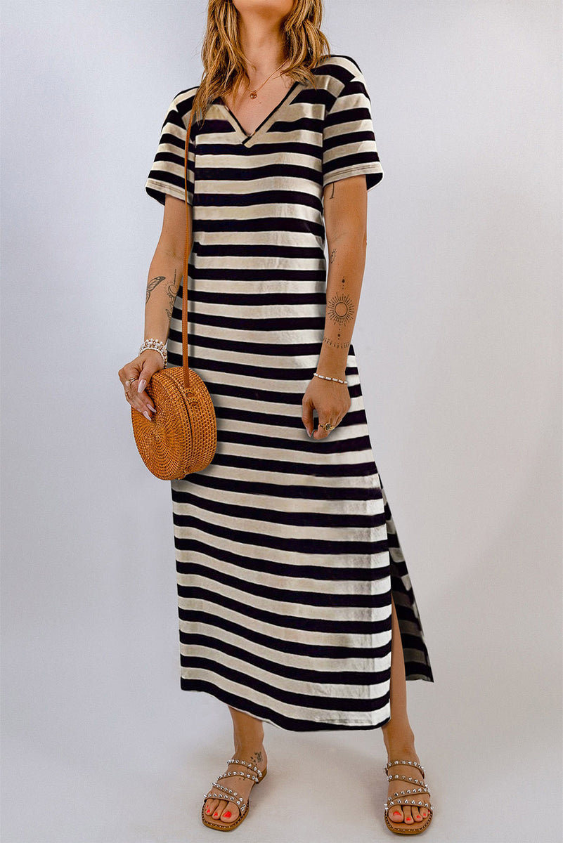 Striped V-Neck Short Sleeve Side Slit Dress Black