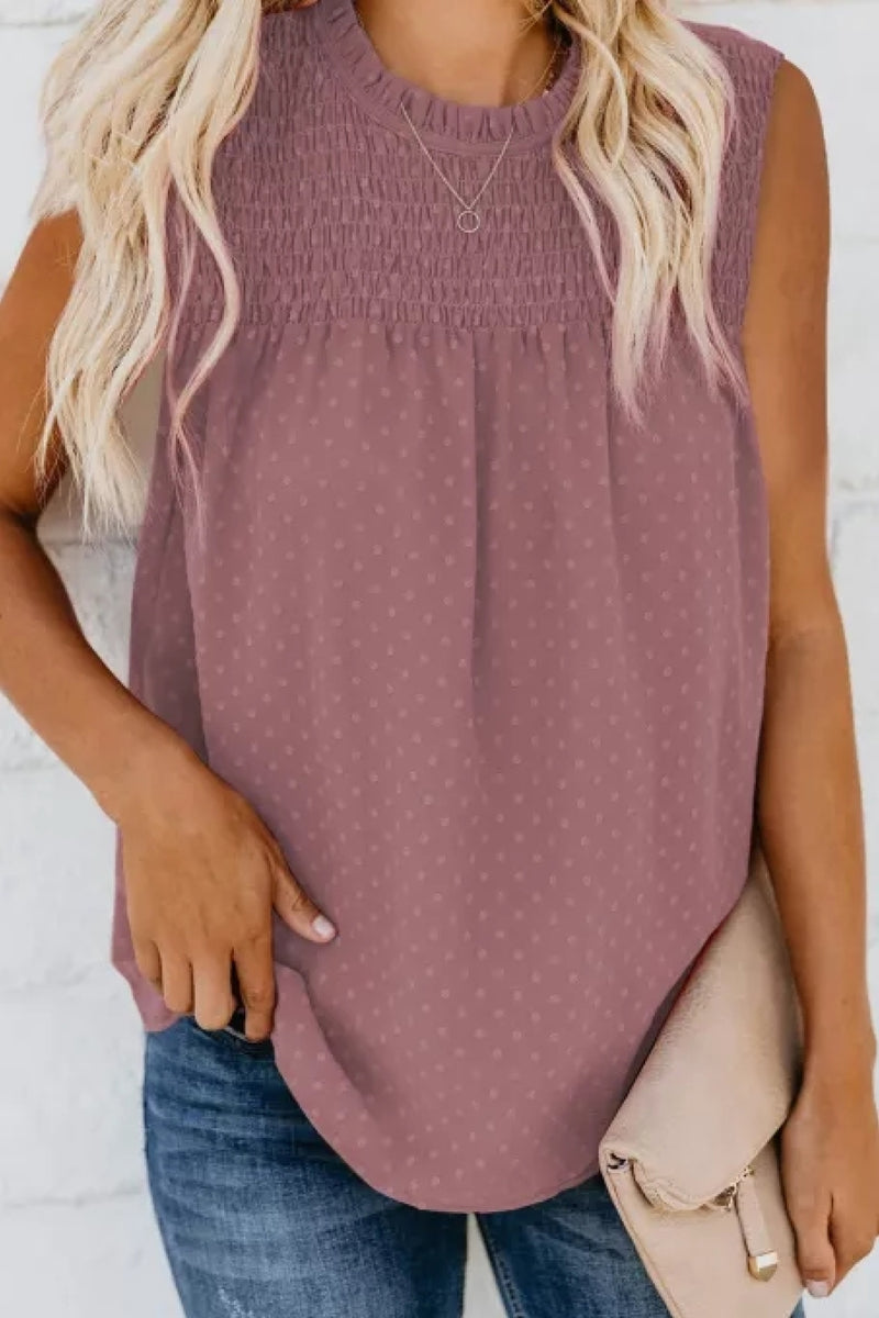 Smocked Tie Back Frill Trim Tank Light Mauve