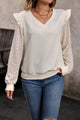 Perfee V-Neck Ruffle Trim Long Sleeve Sweatshirt Cream