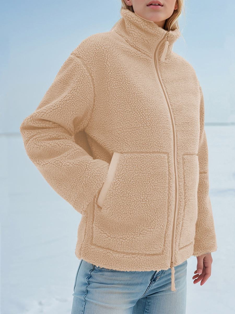 Turtleneck Zip Up Long Sleeve Plush Jacket Tan