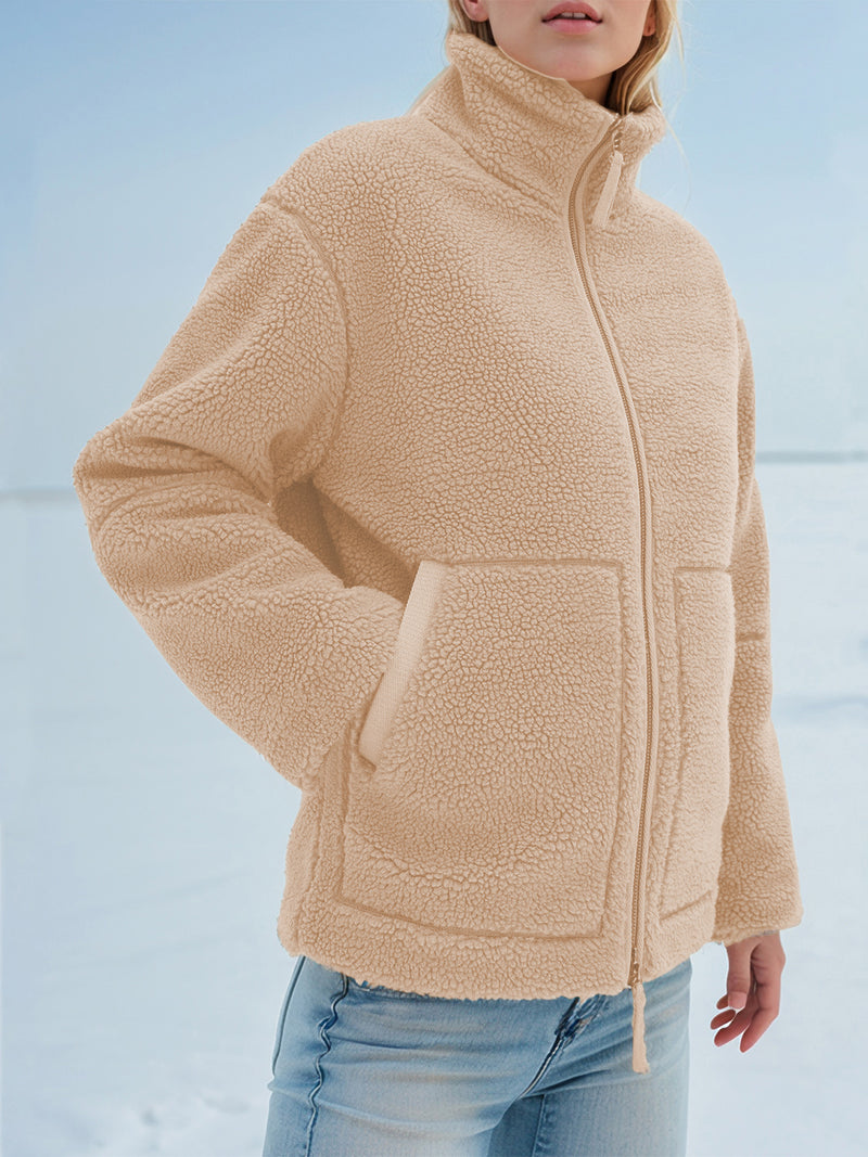 Turtleneck Zip Up Long Sleeve Plush Jacket Tan