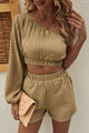 One-Shoulder Balloon Sleeve Crop Top and Shorts Set Khaki