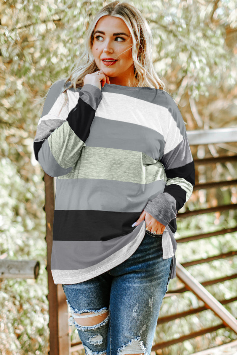 Plus Size Striped Slit Long Sleeve T-Shirt Black