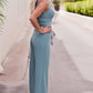 Notched Neck Tank Top and Tie Waist Wide Leg Long Pants Lounge Set