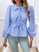 Devine Tied Round Neck Long Sleeve Blouse Dusty Blue