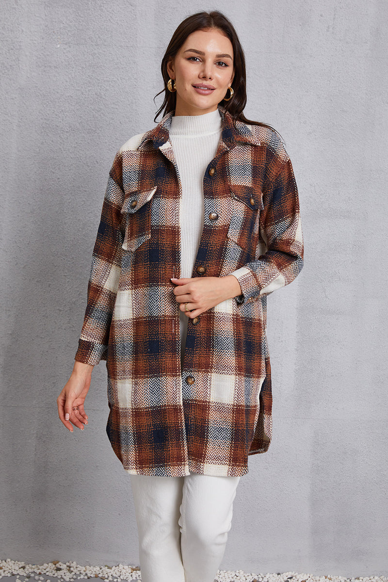 MeiMei Plaid Button Up Dropped Shoulder Coat with Pockets