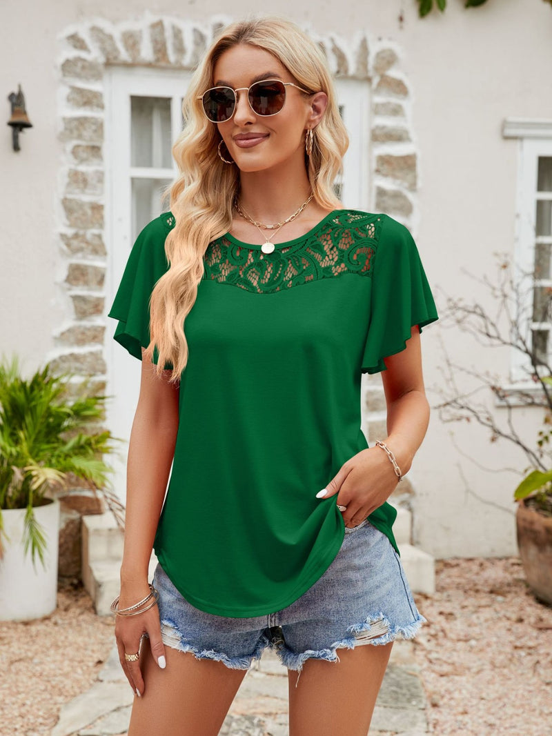 Lace Detail Round Neck Short Sleeve T-Shirt Dark Green