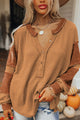 Contrast Patched Exposed Seam Waffle Knit Henley Top Caramel