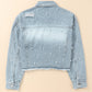 Distressed Pearl Trim Button Up Denim Jacket