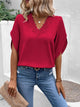 Lace Detail V-Neck Half Sleeve Blouse Deep Red