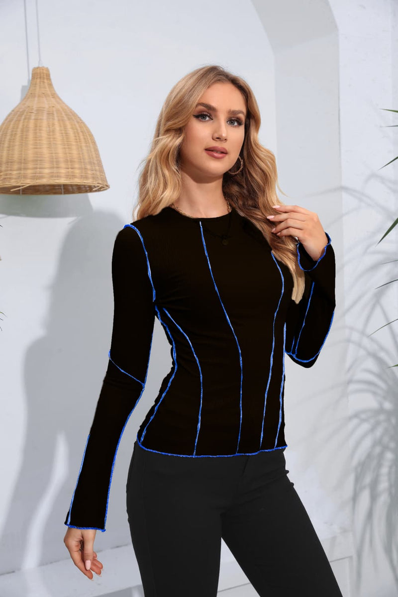 Ribbed Round Neck Long Sleeve Blouse