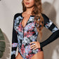 Botanical Print Zip Up Long Sleeve One-Piece Swimsuit