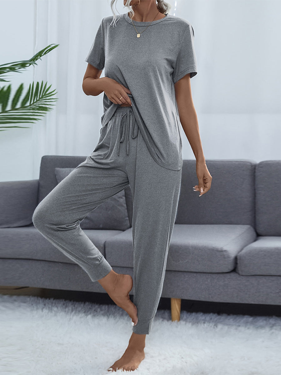 Round Neck Short Sleeve Top and Pants Set Cloudy Blue
