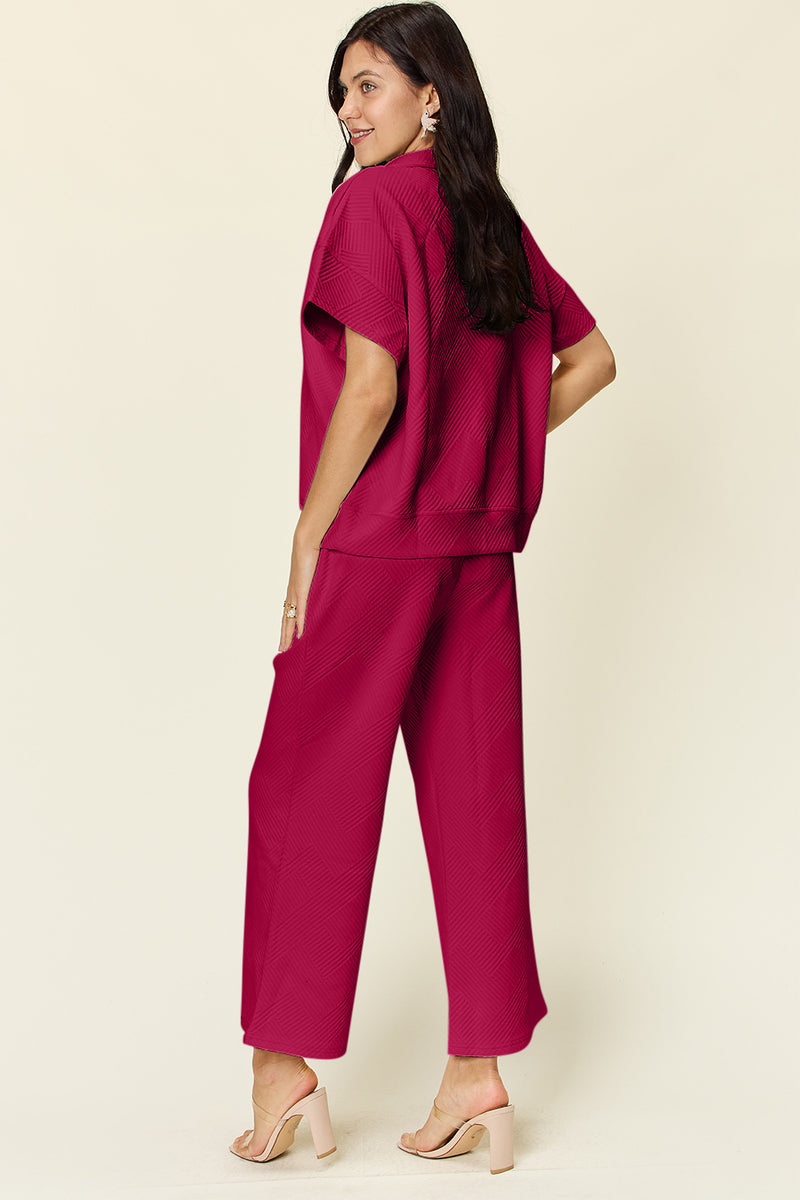Double Take Full Size Texture Half Zip Short Sleeve Top and Pants Set Hot Pink