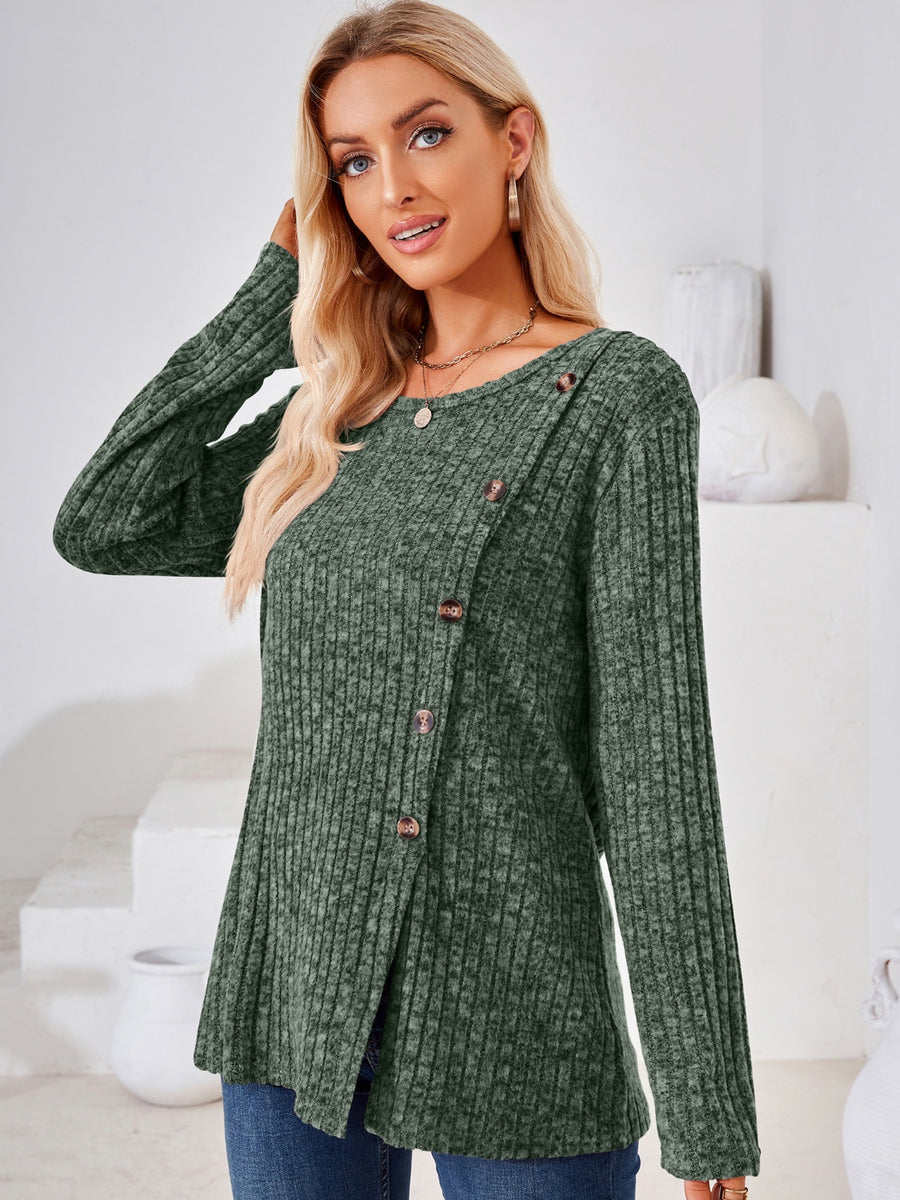 Ribbed Buttoned Round Neck Slit T-Shirt Army Green
