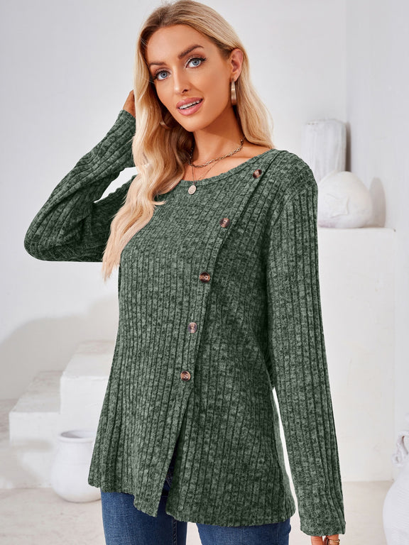 Ribbed Buttoned Round Neck Slit T-Shirt Army Green