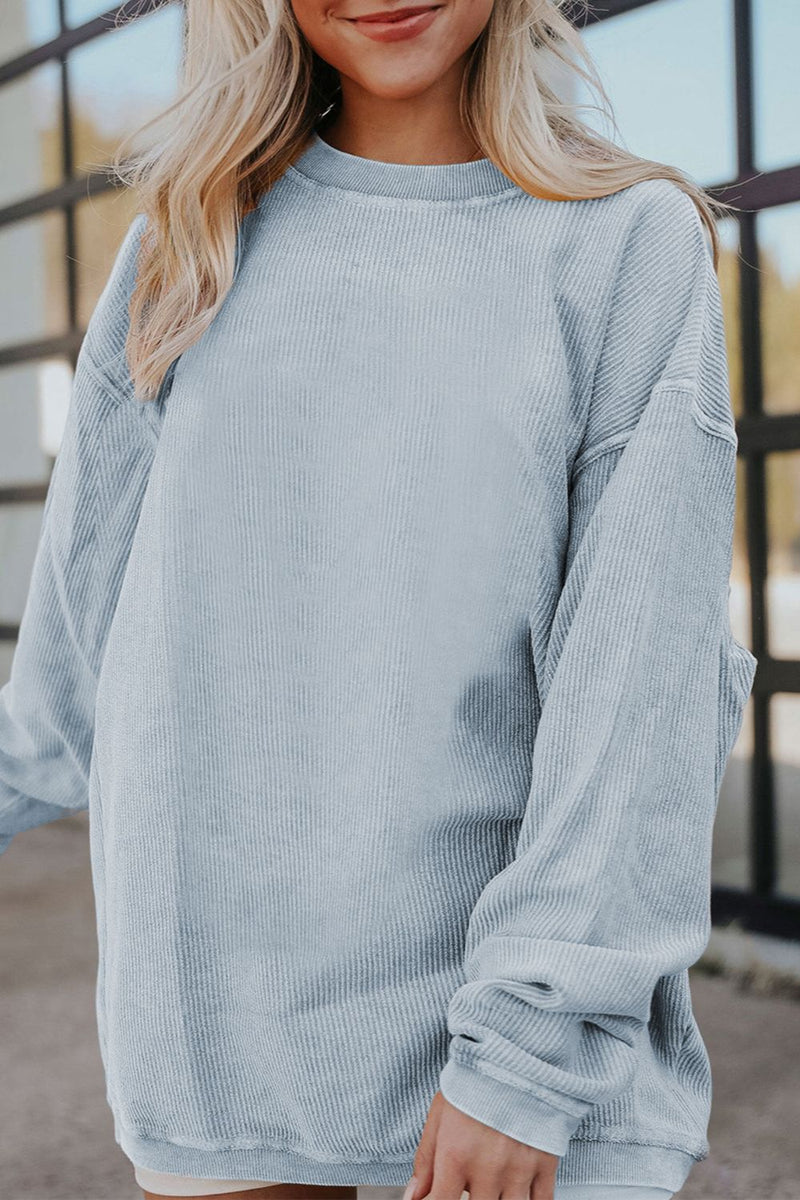 Ribbed Round Neck Drop Shoulder Sweatshirt Light Gray