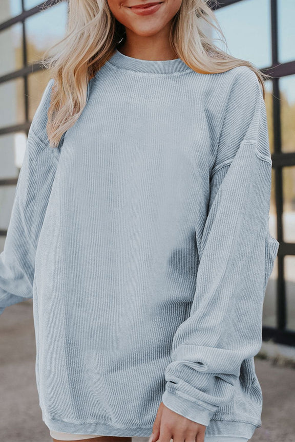 Ribbed Round Neck Drop Shoulder Sweatshirt Light Gray