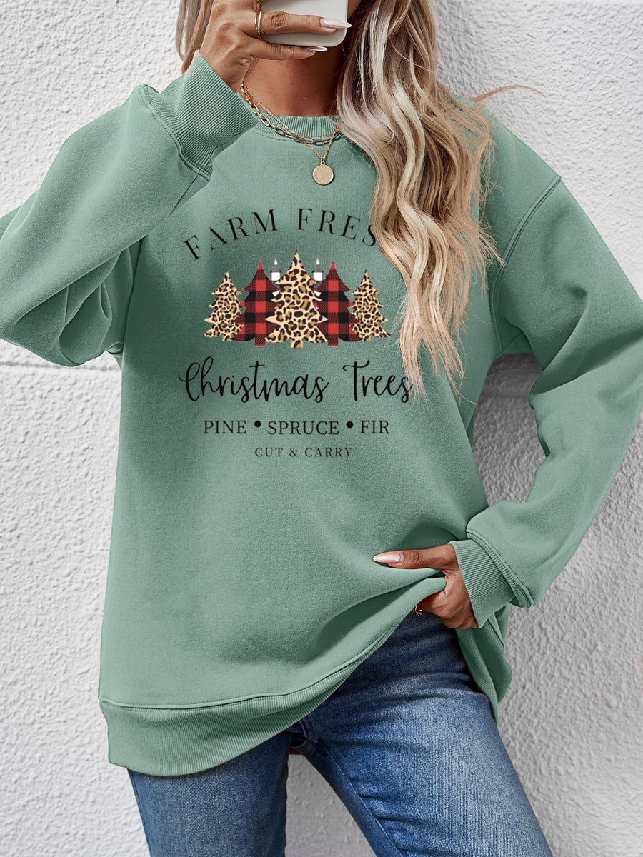 Graphic Round Neck Long Sleeve Sweatshirt Sage