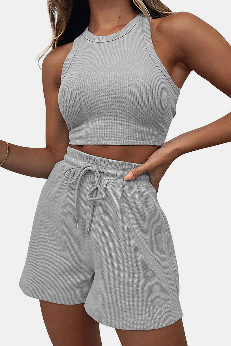 Round Neck Top and Drawstring Shorts Set Light Gray