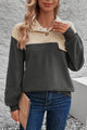 Perfee Color Block Quarter Button Dropped Shoulder Sweatshirt Dark Gray