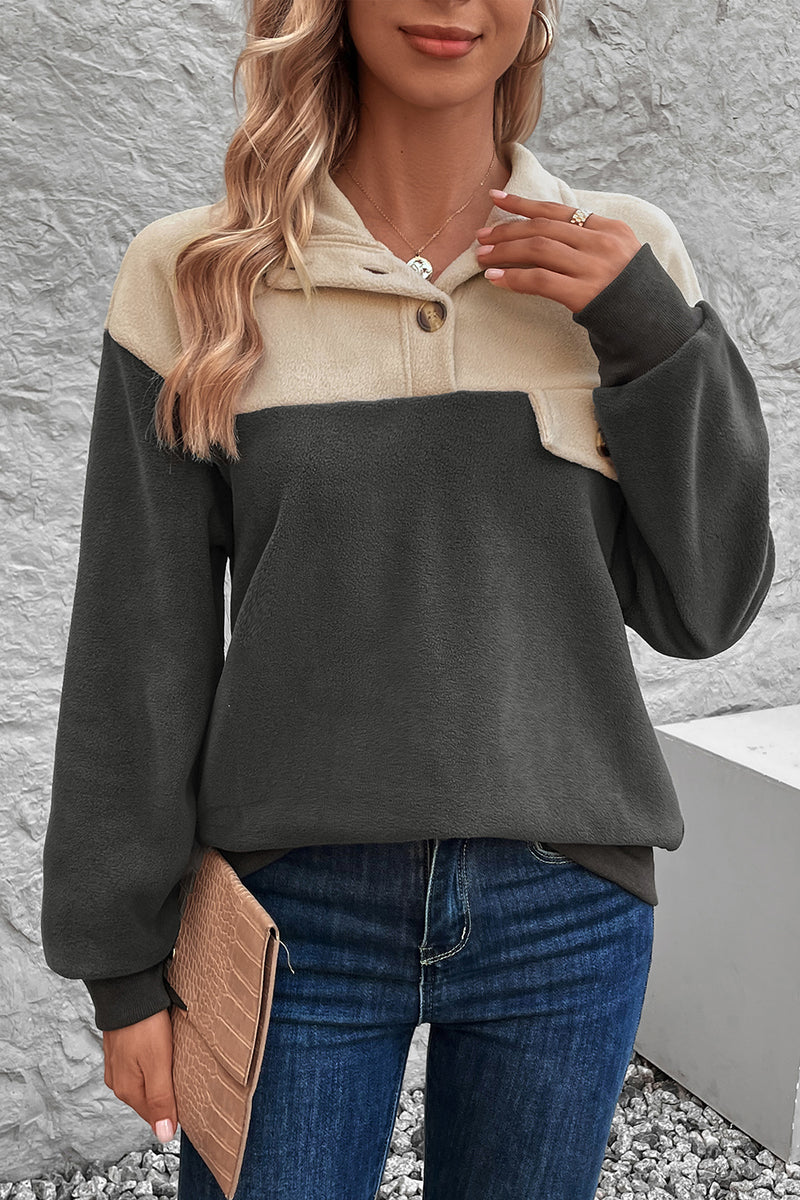 Perfee Color Block Quarter Button Dropped Shoulder Sweatshirt Dark Gray