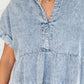 Raw Hem Notched Short Sleeve Denim Dress