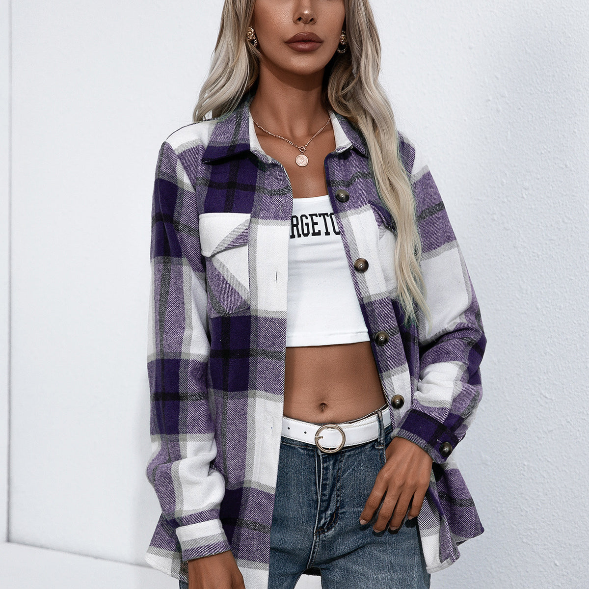 Ivy Lane Plaid Button Up Flannel Shirt Deep Purple