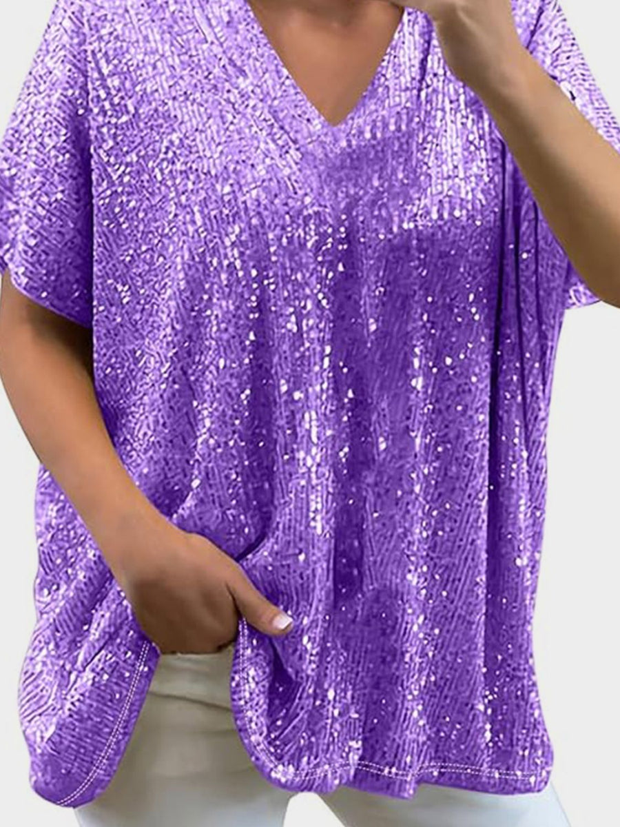 Full Size Sequin V-Neck Short Sleeve Top Purple