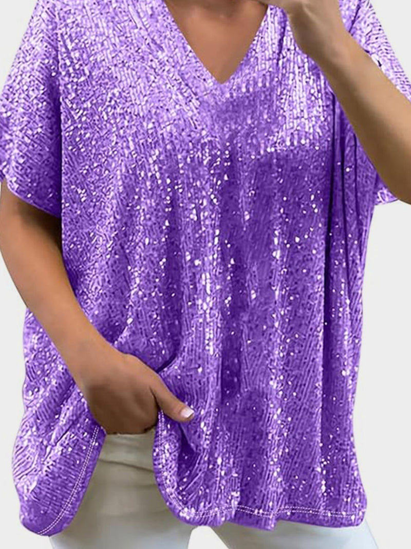 Full Size Sequin V-Neck Short Sleeve Top Purple