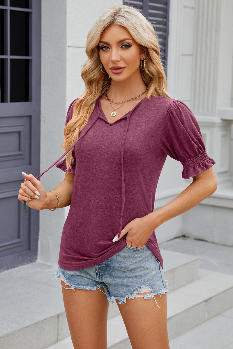 Tie Neck Flounce Sleeve Blouse Red-Violet