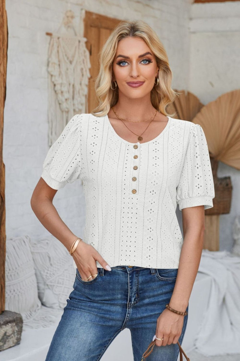 Eyelet Round Neck Short Sleeve Blouse White