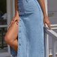 Buttoned Split Denim Skirt