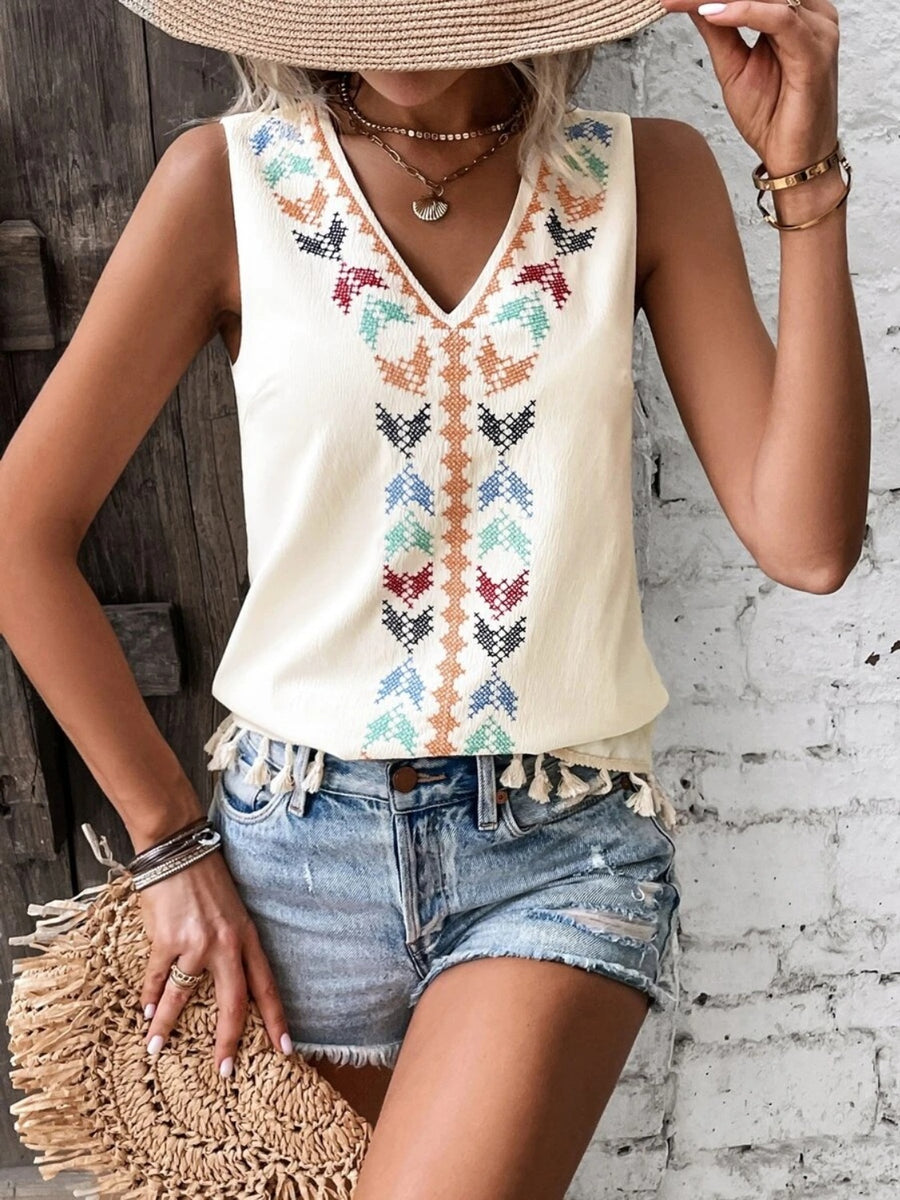 Tassel Printed V-Neck Tank Cream