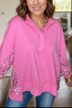 Sequin Half Button Long Sleeve Sweatshirt Fuchsia Pink
