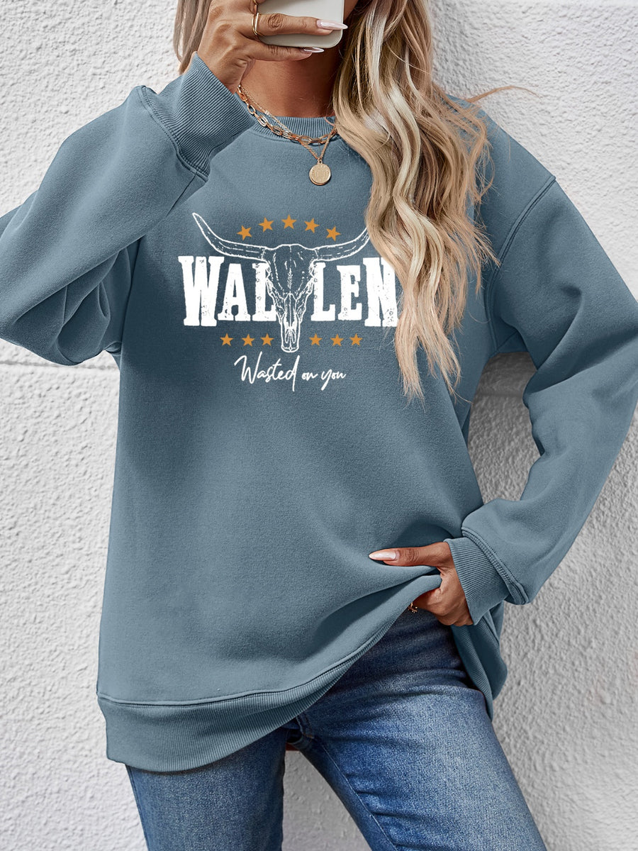Graphic Round Neck Dropped Shoulder Sweatshirt Air Force Blue