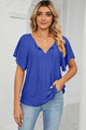 Eyelet Tie Neck Flutter Sleeve Blouse Blue