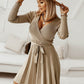 Surplice Neck Tie Front Pleated Sweater Dress