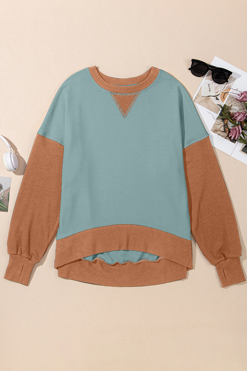 Contrast Round Neck Long Sleeve Sweatshirt Turquoise
