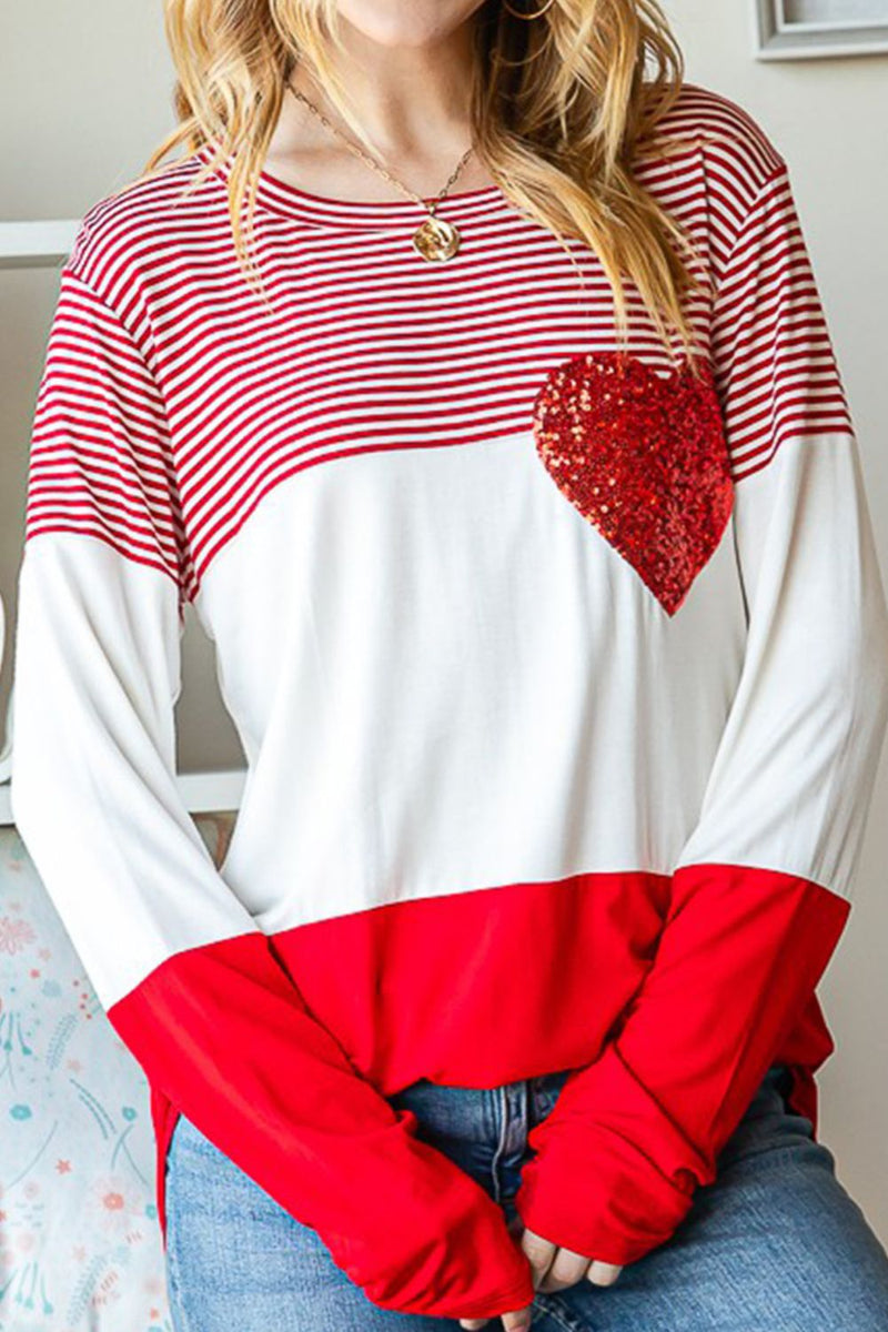 Striped Heart Sequin Long Sleeve T-Shirt