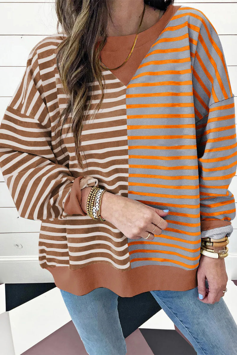 Contrast Stripes Round Neck Long Sleeve Sweatshirt Brown