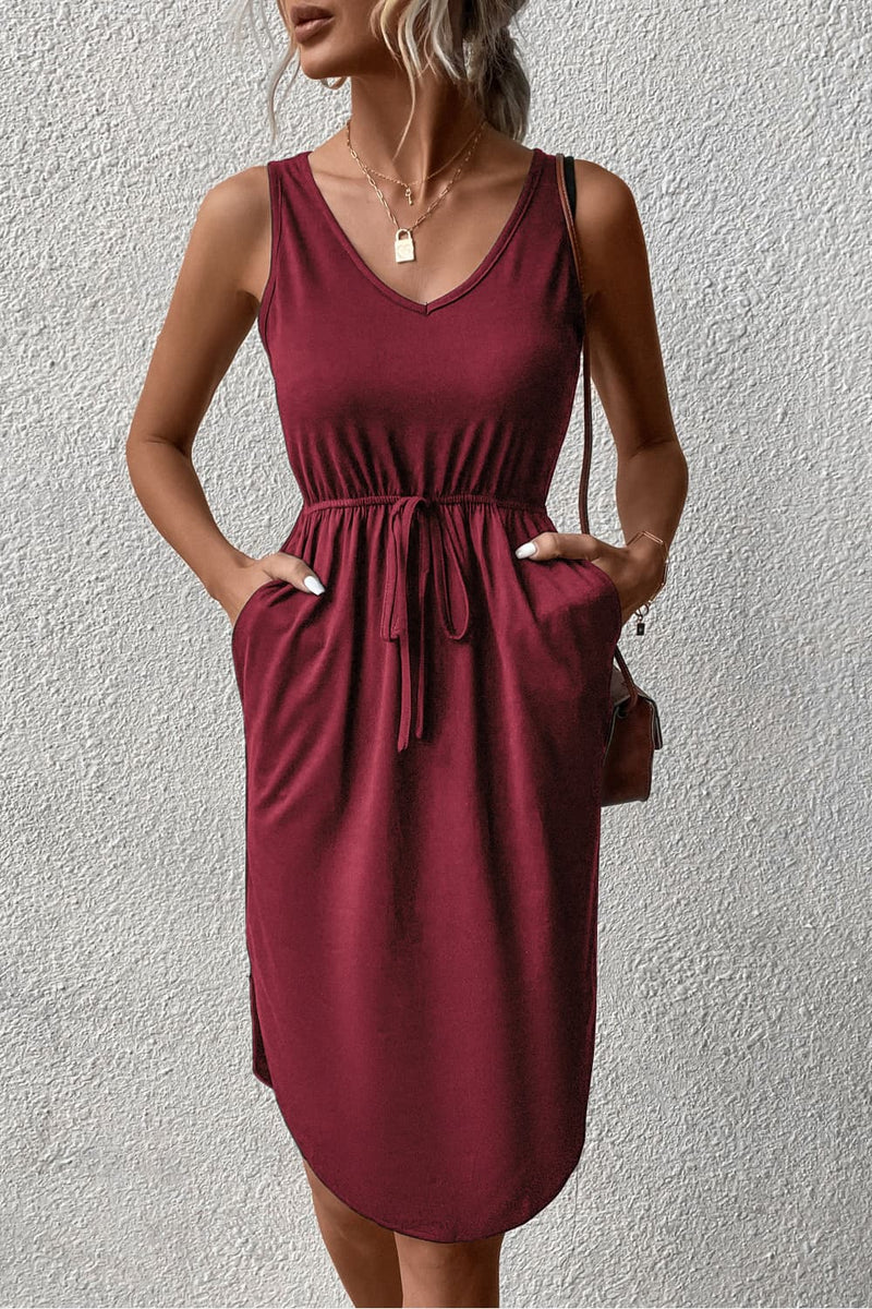 V-Neck Curved Hem Sleeveless Dress Burgundy