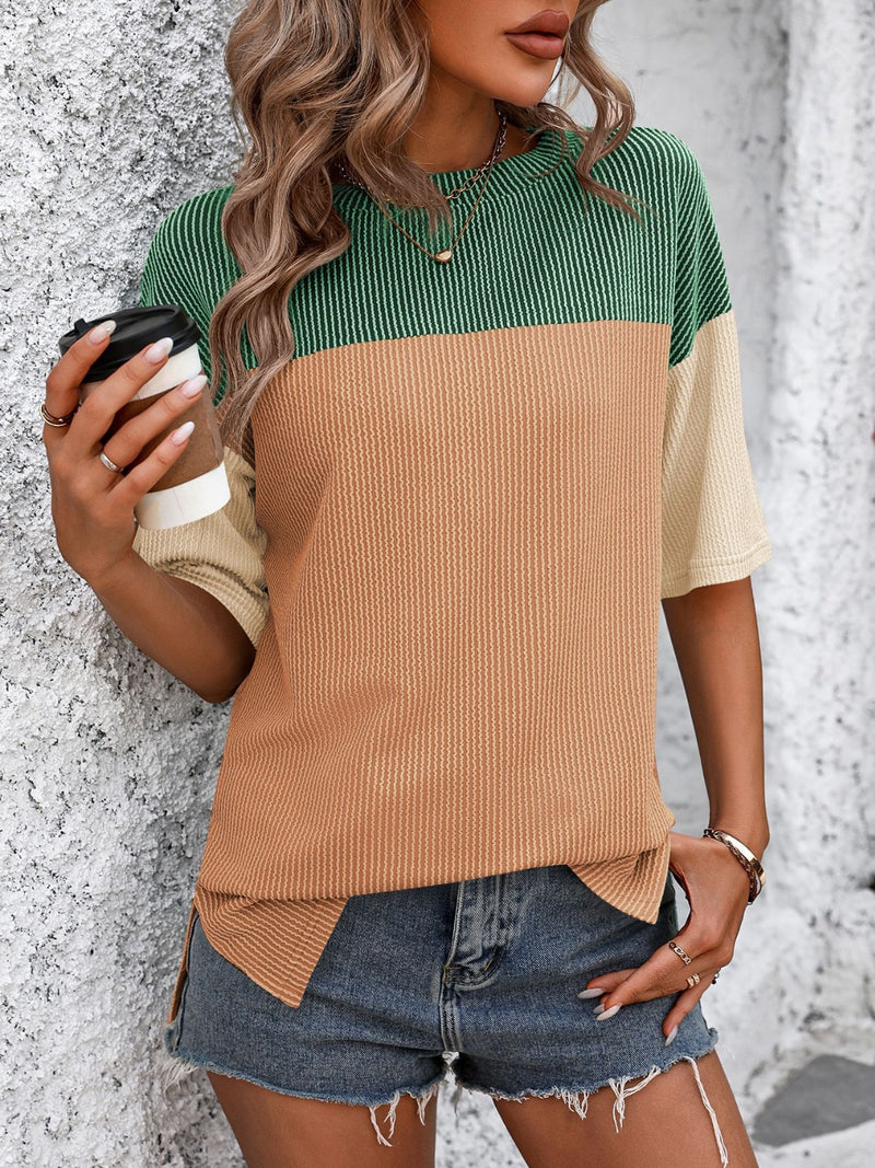 Mandy Color Block Round Neck Half Sleeve T-Shirt Green Orange