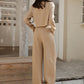 Waffle-Knit Round Neck Top and Pants Set