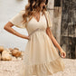 Swiss Dot V-Neck Openwork Puff Sleeve Dress