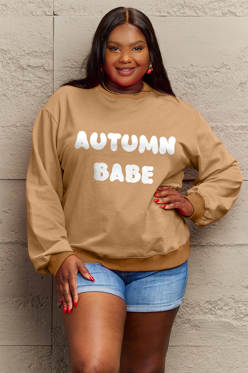 Simply Love Full Size AUTUMN BABE Graphic Sweatshirt Camel