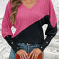 Contrast Buttoned V-Neck Blouse